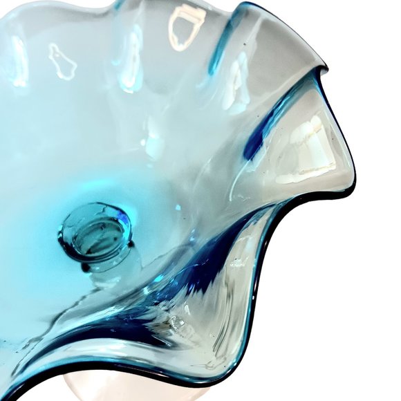 Blue Glass Hand Blown Ruffled Candy Compote Dish Clear Stem Mid-century Modern - Picture 4 of 12